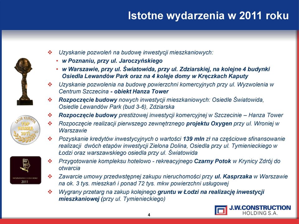 Wyzwolenia w Centrum Szczecina - obiekt Hanza Tower Rozpoczęcie budowy nowych inwestycji mieszkaniowych: Osiedle Światowida, Osiedle Lewandów Park (bud 3-6), Zdziarska Rozpoczęcie budowy prestiżowej