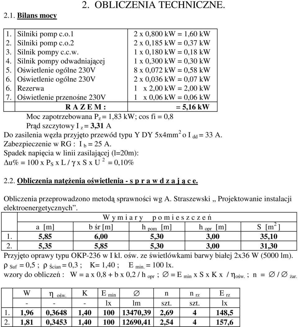 Oświetlenie przenośne 230V 1 x 0,06 kw = 0,06 kw R A Z E M : = 5,16 kw Moc zapotrzebowana P z = 1,83 kw; cos fi = 0,8 Prąd szczytowy I z = 3,31 A Do zasilenia węzła przyjęto przewód typu Y DY 5x4mm 2