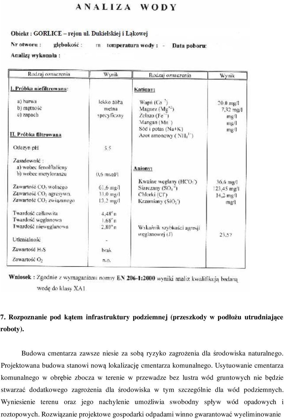 Usytuowanie cmentarza komunalnego w obrębie zbocza w terenie w przewadze bez lustra wód gruntowych nie będzie stwarzać dodatkowego zagrożenia dla