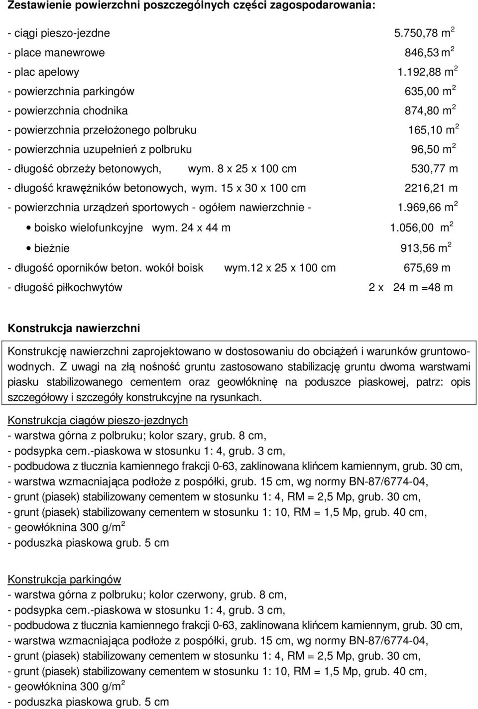 betonowych, wym. 8 x 25 x 100 cm 530,77 m - długość krawęŝników betonowych, wym. 15 x 30 x 100 cm 2216,21 m - powierzchnia urządzeń sportowych - ogółem nawierzchnie - 1.