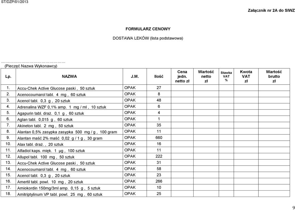 Adrenalina WZF 0,1% amp. 1 mg / ml, 10 OPAK 6 5. Agapurin tabl. draż. 0,1 g, 60 OPAK 4 6. Aglan tabl. 0,015 g, 60 OPAK 1 7. Akineton tabl. 2 mg, 50 OPAK 35 8.