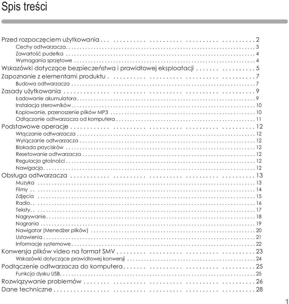 ...10 Kopiowanie, przenoszenie plików MP3... 10 Odłączanie odtwarzacza od komputera...11 Podstawowe operacje...............12 Włączanie odtwarzacza...12 Wyłączanie odtwarzacza...12 Blokada przycisków.