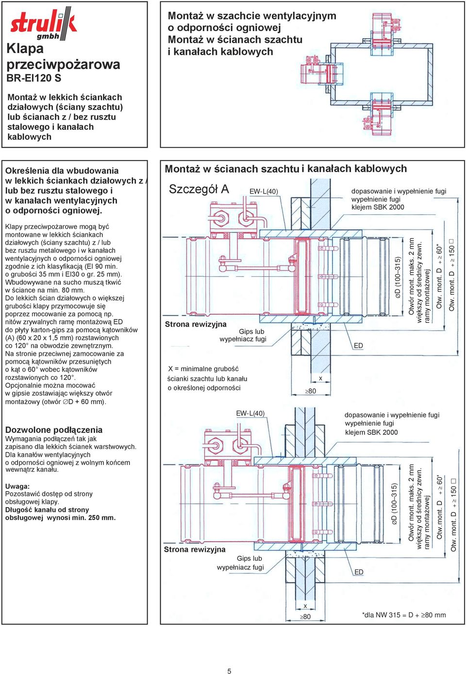 Montaż w ścianach szachtu i kanałach kablowych Szczegół A EW-L(40) dopasowanie i wypełnienie fugi wypełnienie fugi klejem SBK 2000 Klapy przeciwpożarowe mogą być montowane w lekkich ściankach
