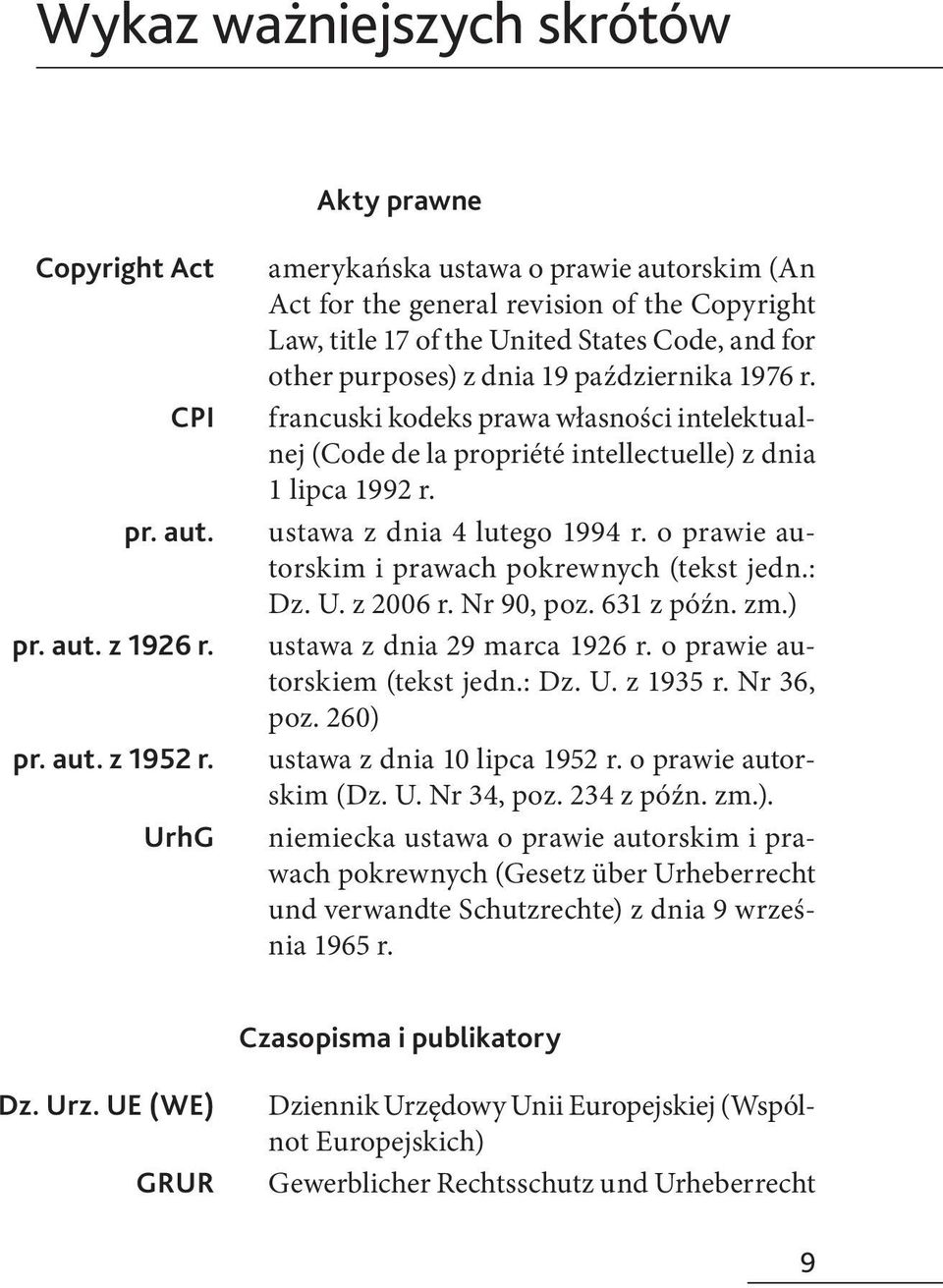 francuski kodeks prawa własności intelektualnej (Code de la propriété intellectuelle) z dnia 1 lipca 1992 r. ustawa z dnia 4 lutego 1994 r. o prawie autorskim i prawach pokrewnych (tekst jedn.: Dz. U.