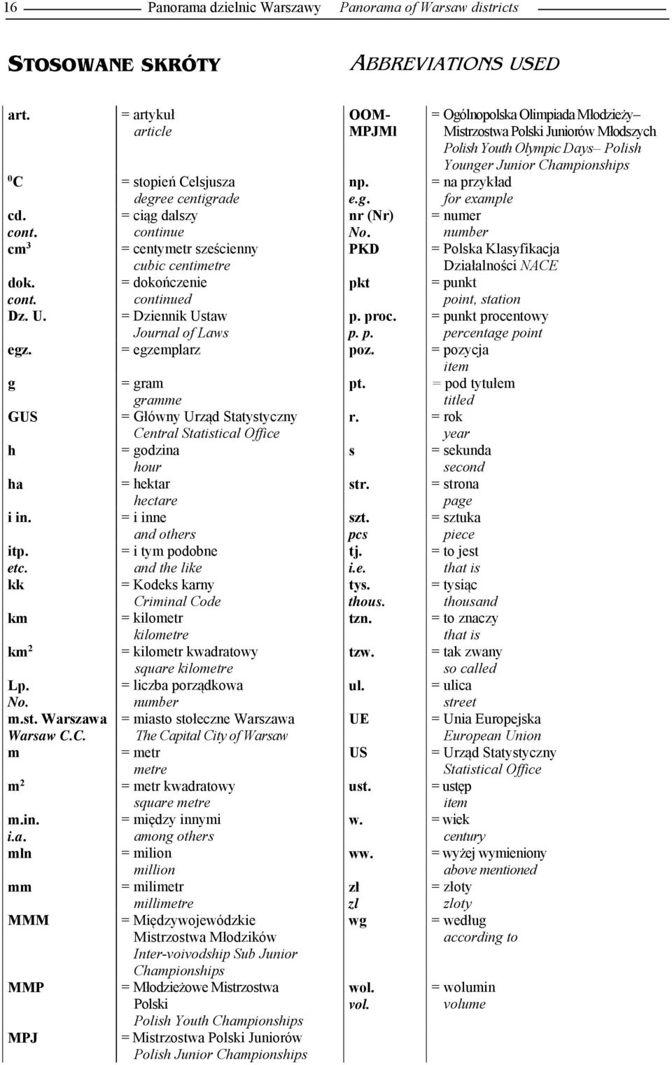 number = Polska Klasyfikacja Działalności NACE = punkt 0 C = stopień Celsjusza degree centigrade np. e.g. cd. = ciąg dalszy nr (Nr) cont. continue No.