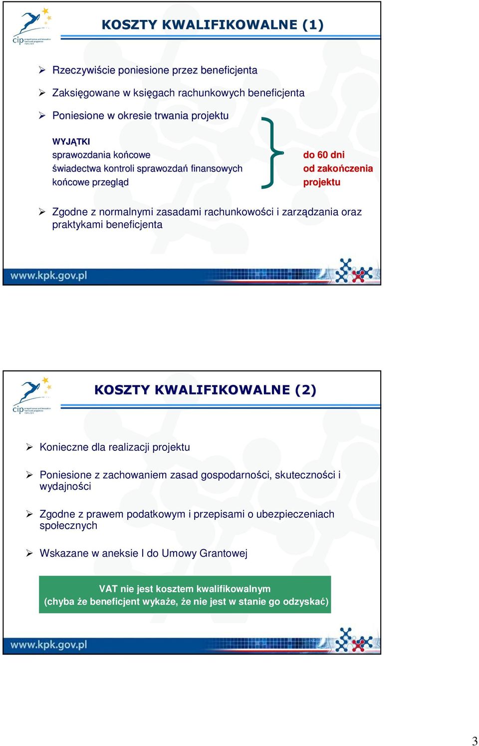 praktykami beneficjenta KOSZTY KWALIFIKOWALNE (2) Konieczne dla realizacji projektu Poniesione z zachowaniem zasad gospodarności, skuteczności i wydajności Zgodne z prawem