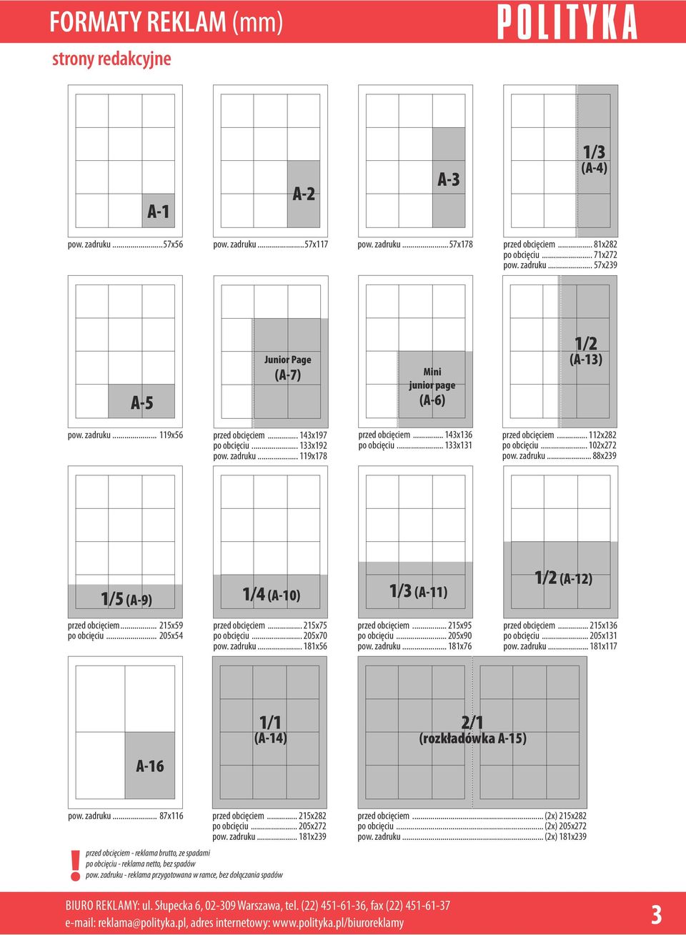 zadruku... 88x239 1/5 (A-9) 1/4 (A-10) 1/3 (A-11) 1/2 (A-12) przed obcięciem... 215x59 po obcięciu... 205x54 przed obcięciem... 215x75 po obcięciu... 205x70 pow. zadruku... 181x56 przed obcięciem.