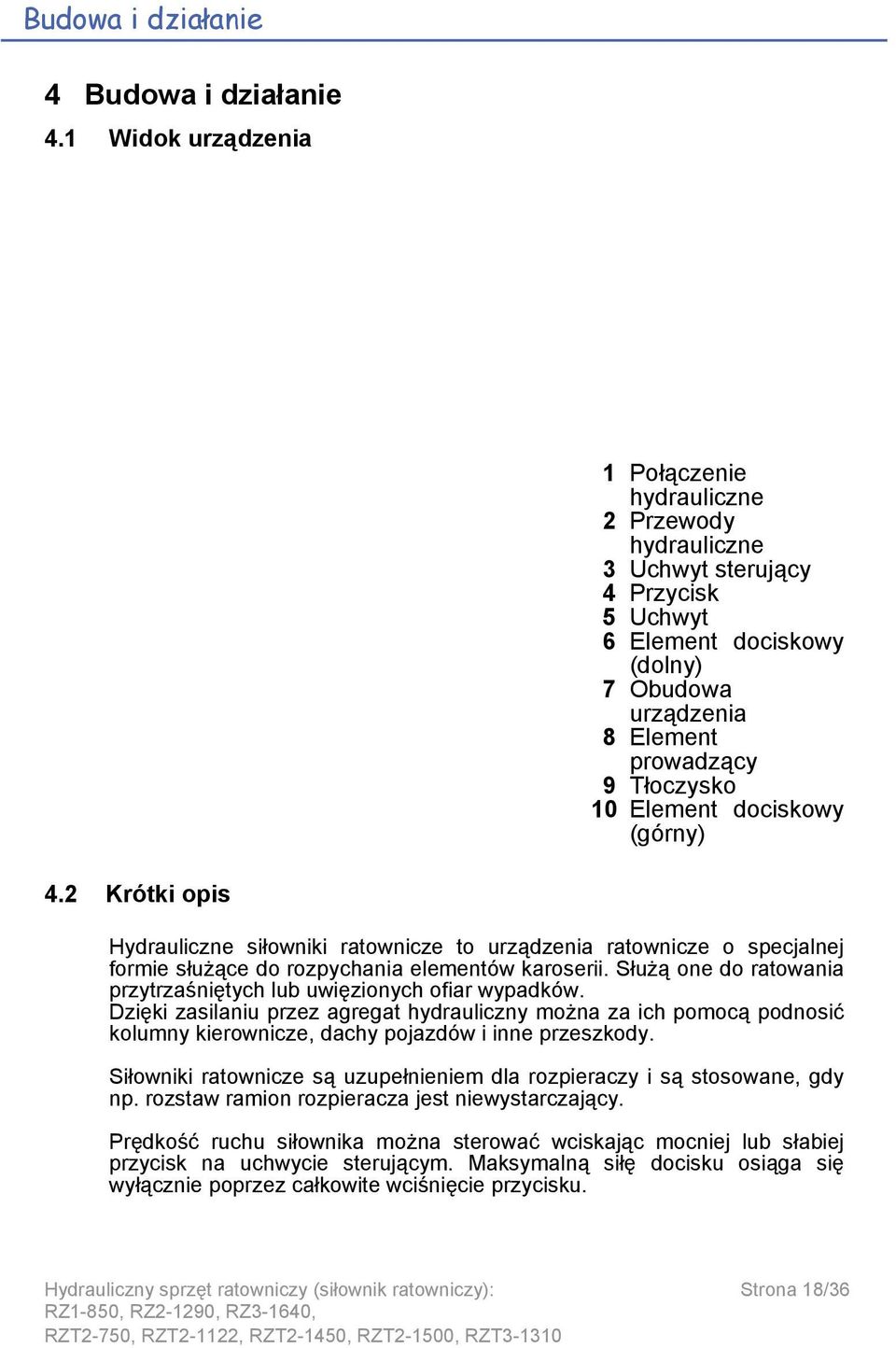 Element dociskowy (górny) 4.2 Krótki opis Hydrauliczne siłowniki ratownicze to urządzenia ratownicze o specjalnej formie służące do rozpychania elementów karoserii.