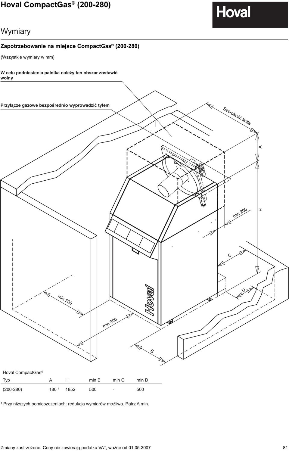 min 200 H A C D min 900 B Hoval CompactGas yp A H min B min C min D (200-280) 80 852 500-500 Przy ni szych