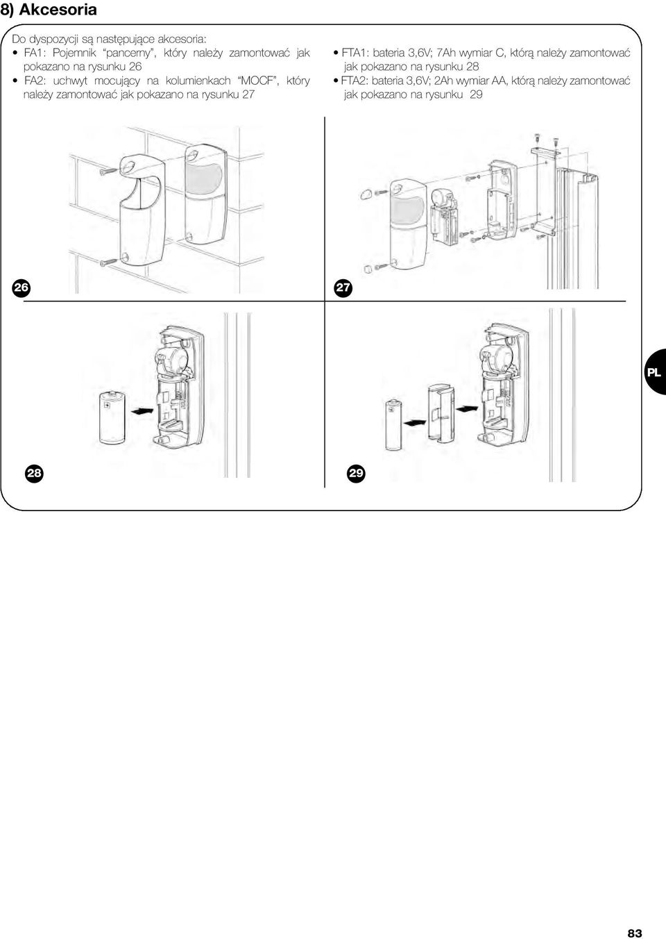 pokazano na rysunku 27 FTA1: bateria 3,6V; 7Ah wymiar C, którą należy zamontować jak pokazano na