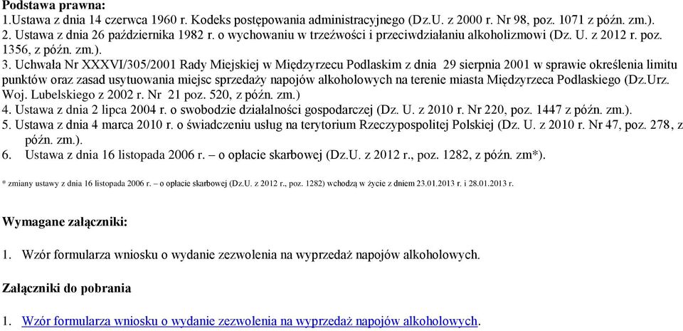 Uchwała Nr XXXVI/305/2001 Rady Miejskiej w Międzyrzecu Podlaskim z dnia 29 sierpnia 2001 w sprawie określenia limitu punktów oraz zasad usytuowania miejsc sprzedaży napojów alkoholowych na terenie