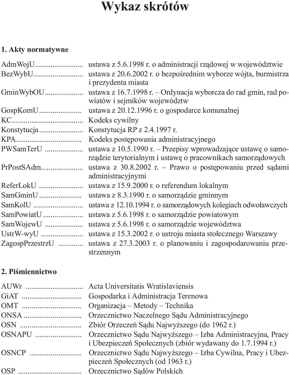 o gospodarce komunalnej KC... Kodeks cywilny Konstytucja... Konstytucja RP z 2.4.1997 r. KPA... Kodeks postêpowania administracyjnego PWSamTerU... ustawa z 10.5.1990 r.