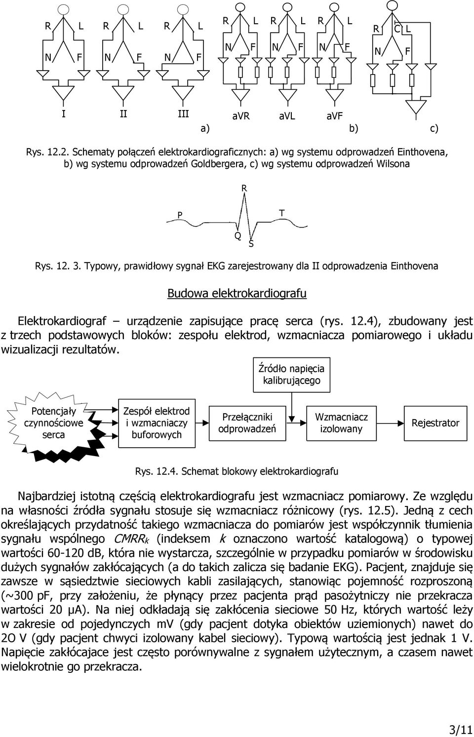 Typowy, prawidłowy sygnał EKG zarejestrowany dla II odprowadzenia Einthovena Budowa elektrokardiograu Elektrokardiogra urządzenie zapisujące pracę serca (rys. 12.