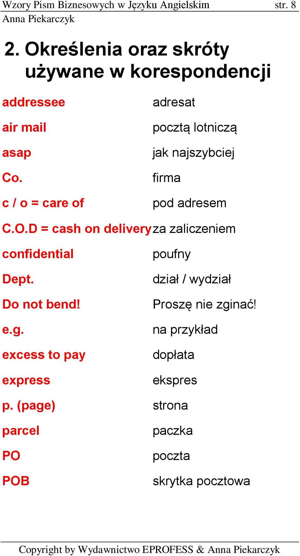 c / o = care of adresat pocztą lotniczą jak najszybciej firma pod adresem C.O.