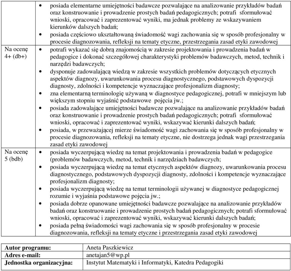 diagnozowania, refleksji na tematy etyczne, przestrzegania zasad etyki zawodowej potrafi wykazać się dobrą znajomością w zakresie projektowania i prowadzenia badań w pedagogice i dokonać szczegółowej