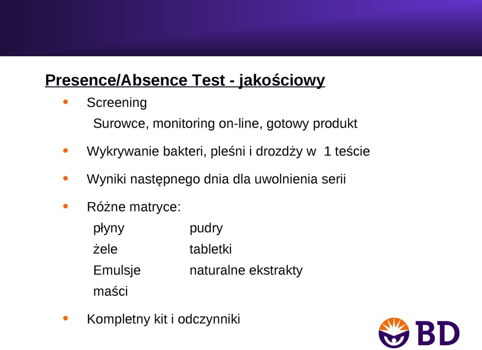 teście Wyniki następnego dnia dla uwolnienia serii Różne matryce: