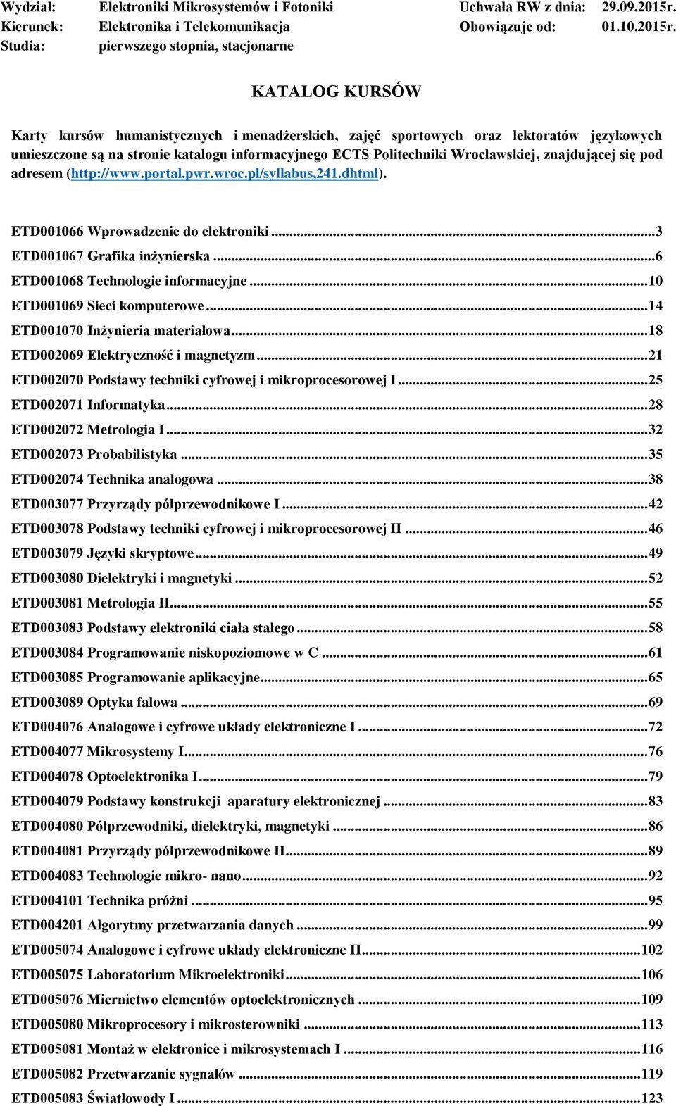 Studia: pierwszego stopnia, stacjonarne KATALOG KURSÓW Karty kursów humanistycznych i menadżerskich, zajęć sportowych oraz lektoratów językowych umieszczone są na stronie katalogu informacyjnego ECTS