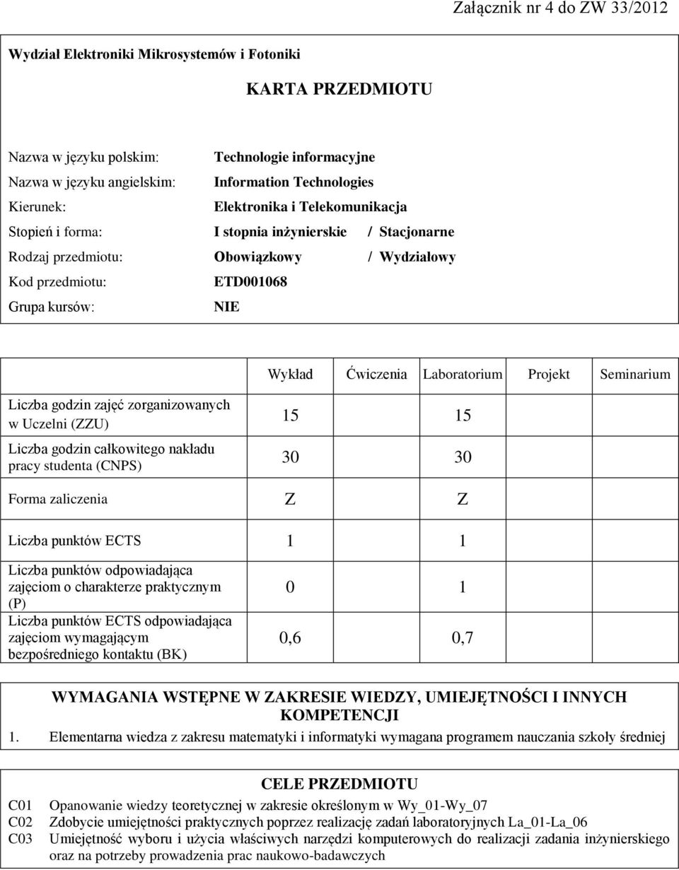 godzin zajęć zorganizowanych w Uczelni (ZZU) Liczba godzin całkowitego nakładu pracy studenta (CNPS) 15 15 30 30 Forma zaliczenia Z Z Liczba punktów ECTS 1 1 Liczba punktów odpowiadająca zajęciom o