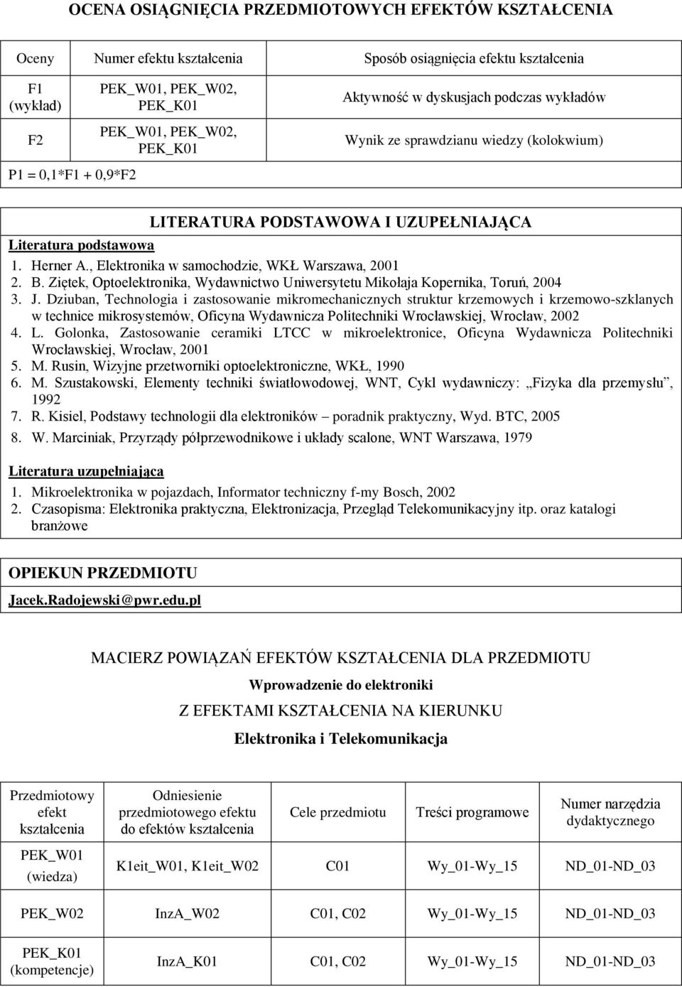 , Elektronika w samochodzie, WKŁ Warszawa, 001. B. Ziętek, Optoelektronika, Wydawnictwo Uniwersytetu Mikołaja Kopernika, Toruń, 004 3. J.