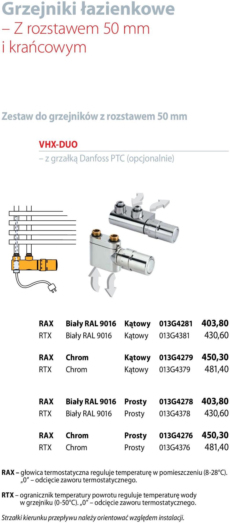 430,60 RAX Chrom Prosty 013G4276 450,30 RTX Chrom Prosty 013G4376 481,40 RAX głowica termostatyczna reguluje temperaturę w pomieszczeniu (8-28 C). 0 odcięcie zaworu termostatycznego.