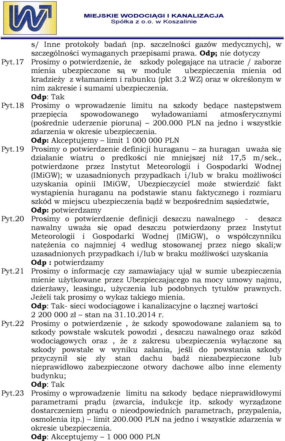 2 WZ) oraz w określonym w nim zakresie i sumami ubezpieczenia. Pyt.