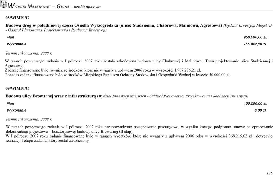 Trwa projektowanie ulicy Studziennej i Agrestowej. Zadanie finansowane było również ze środków, które nie wygasły z upływem 2006 roku w wysokości 1.907.276,21 zł.