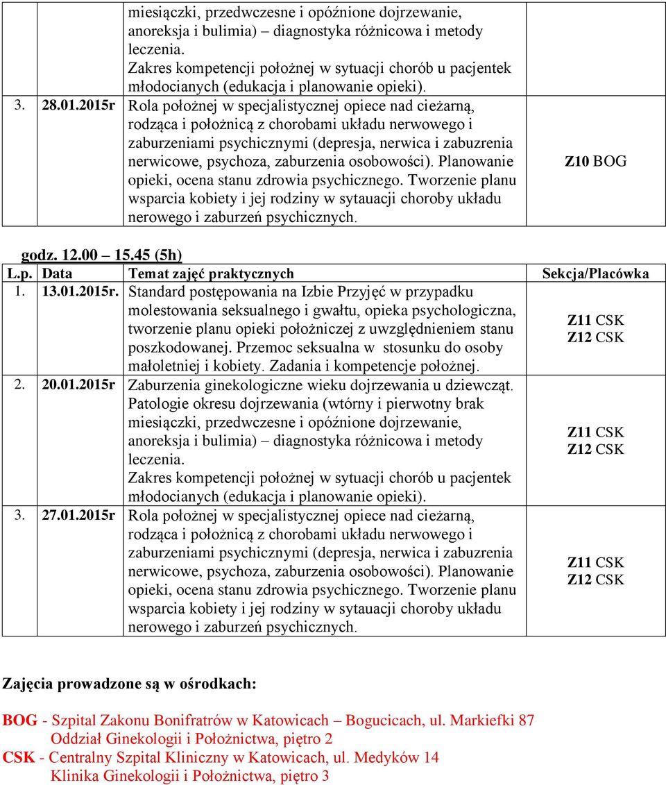 2015r Zaburzenia ginekologiczne wieku dojrzewania u dziewcząt. 3. 27.01.2015r Rola położnej w specjalistycznej opiece nad cieżarną, Z11 CSK Z12 CSK Z11 CSK Z12 CSK Z11