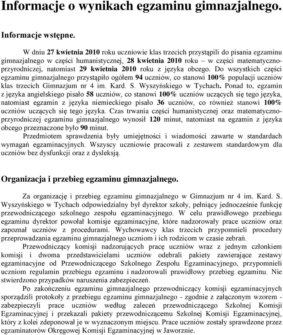 kwietnia 2010 roku z języka obcego. Do wszystkich części egzaminu gimnazjalnego przystąpiło ogółem 94 uczniów, co stanowi 100% populacji uczniów klas trzecich Gimnazjum nr 4 im. Kard. S.