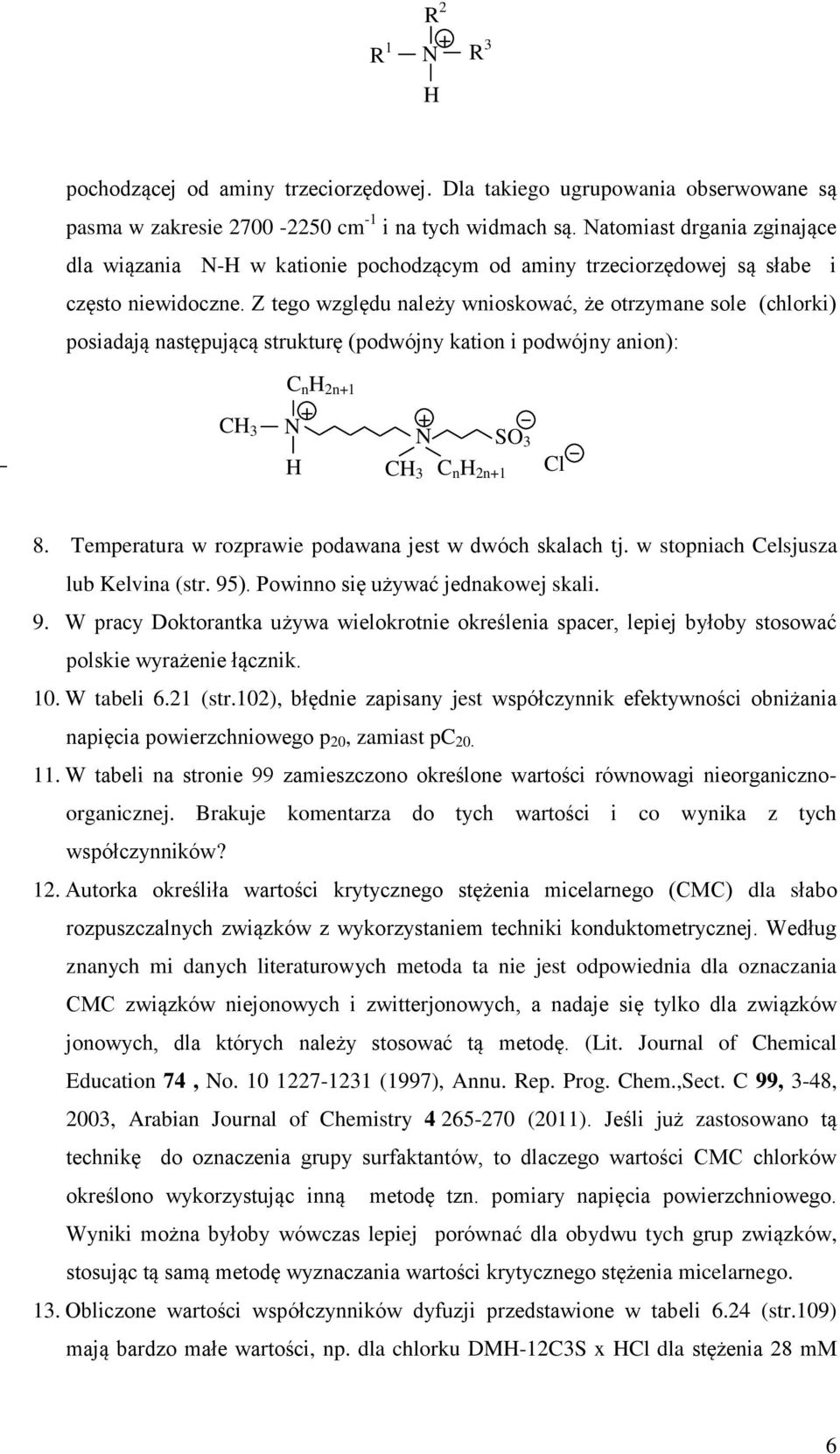 Z tego względu należy wnioskować, że otrzymane sole (chlorki) posiadają następującą strukturę (podwójny kation i podwójny anion): C n H 2n1 CH 3 N N SO 3 H CH 3 C n H 2n1 Cl 1 8.