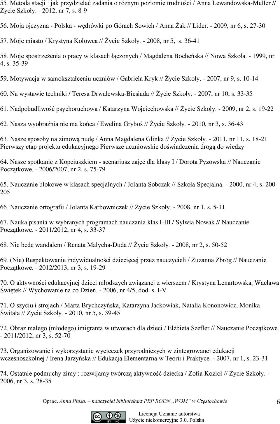 Moje spostrzeżenia o pracy w klasach łączonych / Magdalena Bocheńska // Nowa Szkoła. - 1999, nr 4, s. 35-39 59. Motywacja w samokształceniu uczniów / Gabriela Kryk // Życie Szkoły. - 2007, nr 9, s.