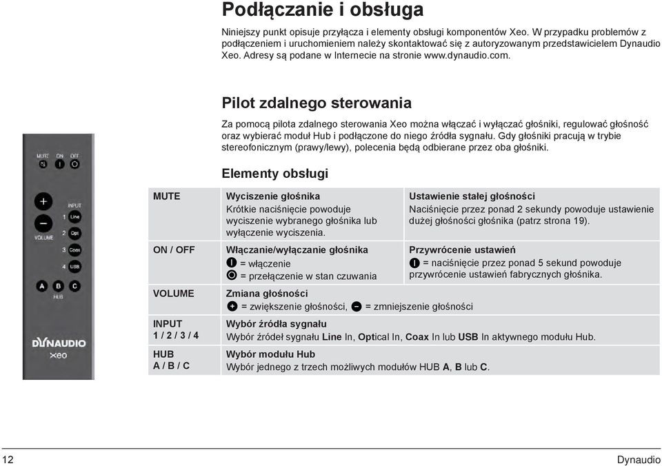 Pilot zdalnego sterowania Za pomocą pilota zdalnego sterowania Xeo można włączać i wyłączać głośniki, regulować głośność oraz wybierać moduł Hub i podłączone do niego źródła sygnału.