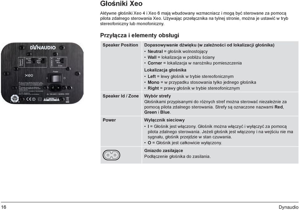 Przyłącza i elementy obsługi Speaker Position Speaker Id / Zone Power Dopasowywanie dźwięku (w zależności od lokalizacji głośnika) Neutral = głośnik wolnostojący Wall = lokalizacja w pobliżu ściany