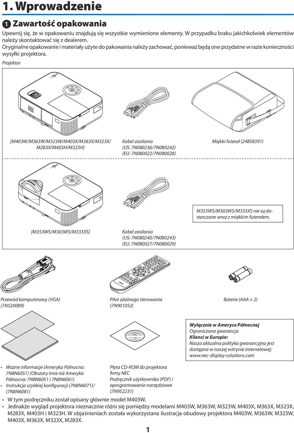 Projektor [M403W/M363W/M323W/M403X/M363X/M323X/ M283X/M403H/M323H] Kabel zasilania (US: 7N080236/7N080242) (EU: 7N080022/7N080028) Miękki futerał (24BS8391) M353WS/M303WS/M333XS nie są dostarczane
