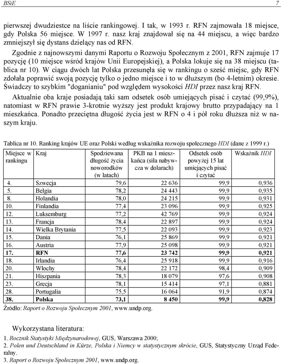 Zgodnie z najnowszymi danymi Raportu o Rozwoju Społecznym z 2001, RFN zajmuje 17 pozycję (10 miejsce wśród krajów Unii Europejskiej), a Polska lokuje się na 38 miejscu (tablica nr 10).