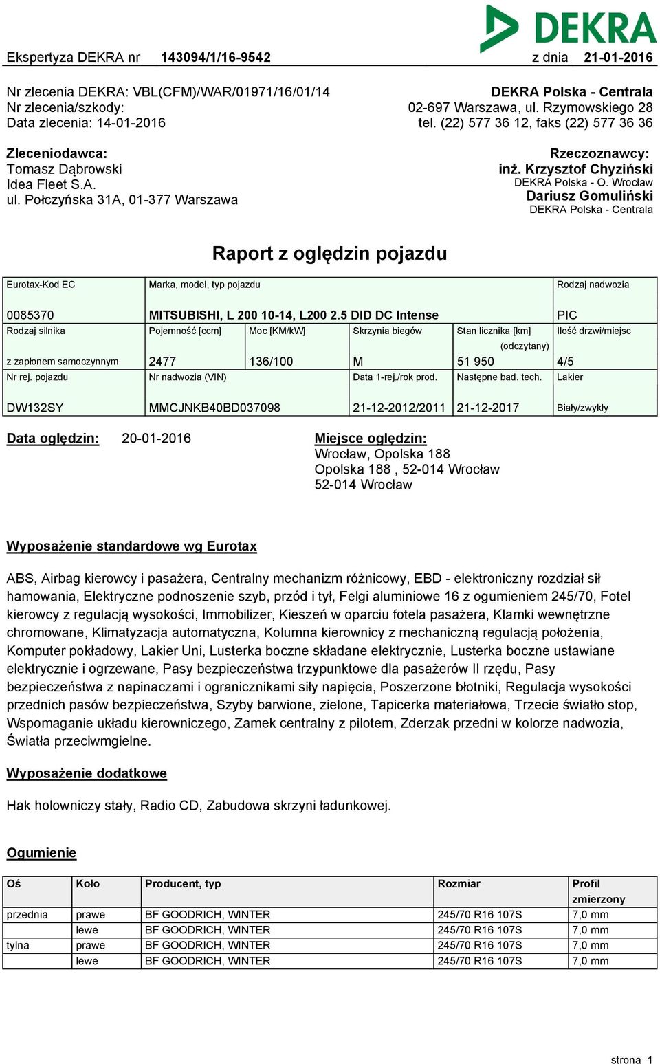 Wrocław Dariusz Gomuliński DEKRA Polska - Centrala Raport z oględzin pojazdu Eurotax-Kod EC Marka, model, typ pojazdu 0085370 MITSUBISHI, L 00 0-4, L00.