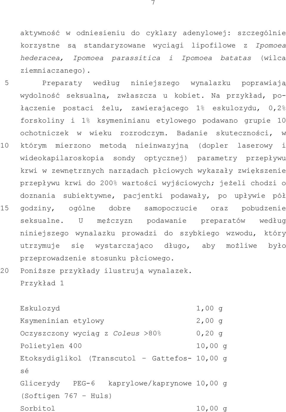 Na przykład, połączenie postaci żelu, zawierającego 1% eskulozydu, 0,2% forskoliny i 1% ksymeninianu etylowego podawano grupie ochotniczek w wieku rozrodczym.