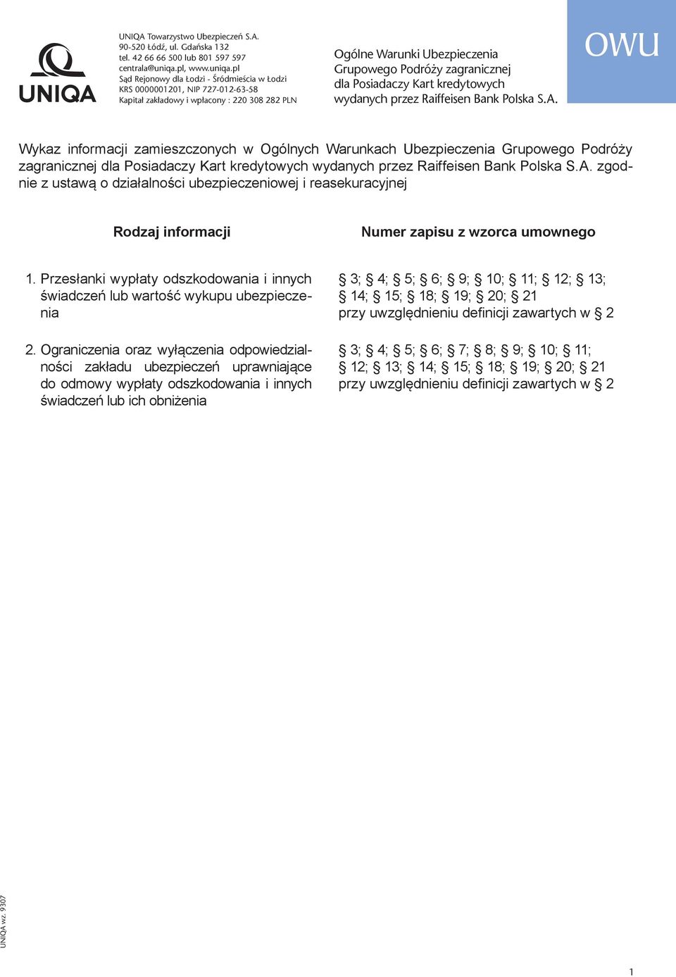 pl Sąd Rejonowy dla Łodzi - Śródmieścia w Łodzi KRS 0000001201, NIP 727-012-63-58 Kapitał zakładowy i wpłacony : 220 308 282 PLN Ogólne Warunki Ubezpieczenia Grupowego Podróży zagranicznej dla