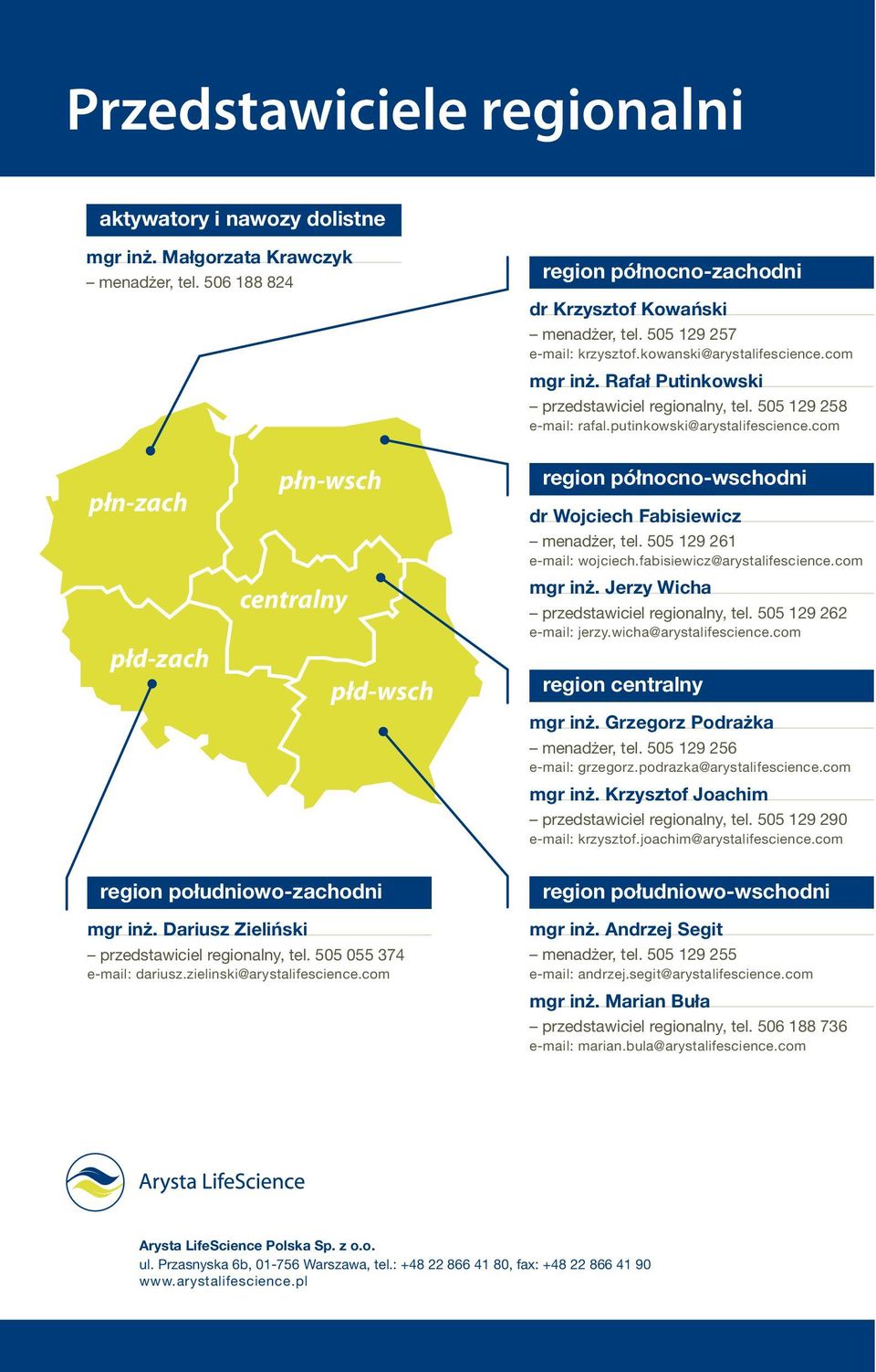 com płn-zach płd-zach płn-wsch centralny płd-wsch region północno-wschodni dr Wojciech Fabisiewicz menadżer, tel. 129 261 e-mail: wojciech.fabisiewicz@arystalifescience.com mgr inż.