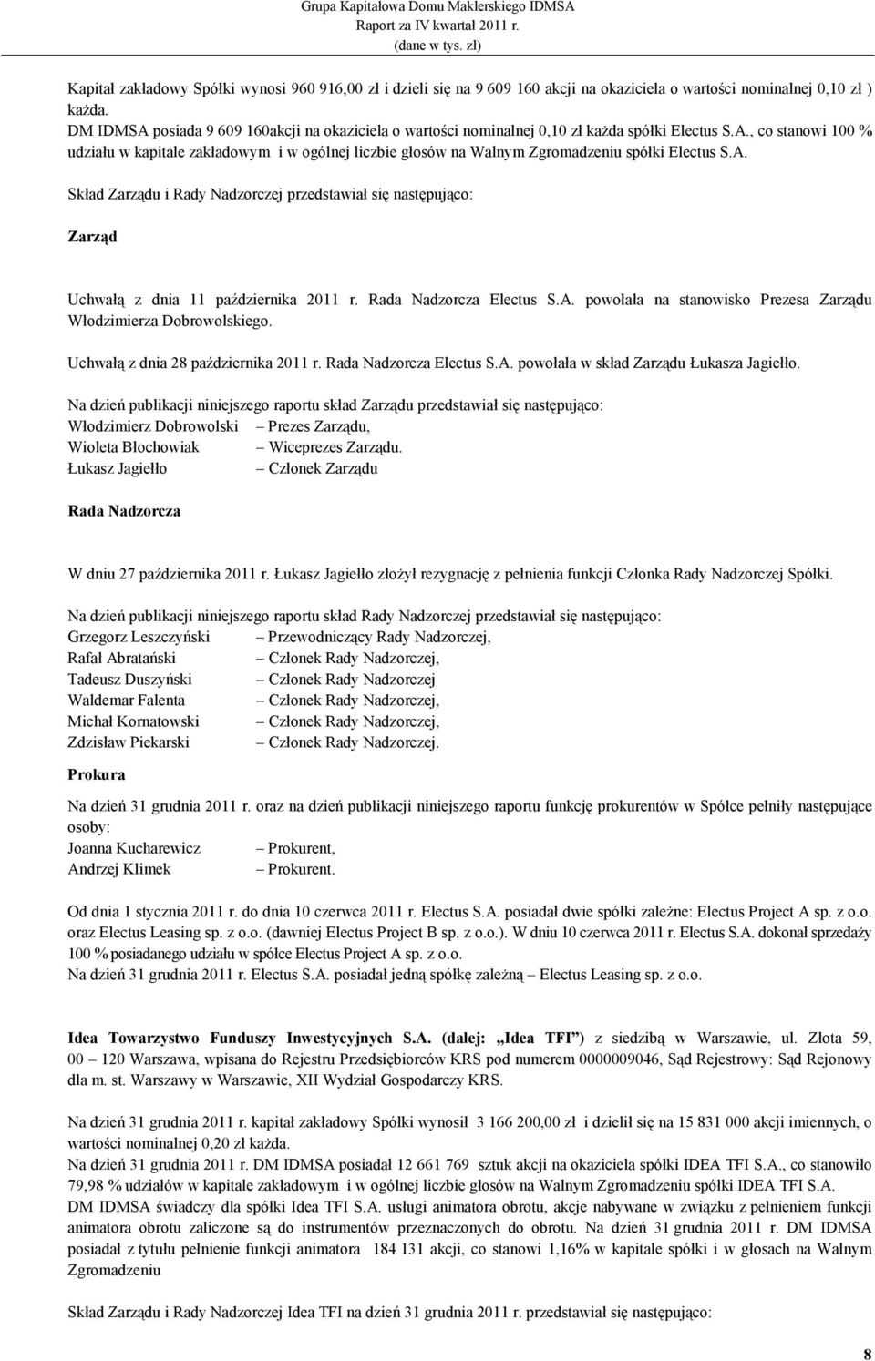 A. Skład Zarządu i Rady Nadzorczej przedstawiał się następująco: Zarząd Uchwałą z dnia 11 października 2011 r. Rada Nadzorcza Electus S.A. powołała na stanowisko Prezesa Zarządu Włodzimierza Dobrowolskiego.