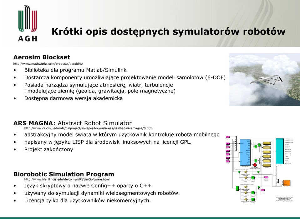 modelujące ziemię (geoida, grawitacja, pole magnetyczne) Dostępna darmowa wersja akademicka ARS MAGNA: Abstract Robot Simulator http://www.cs.cmu.