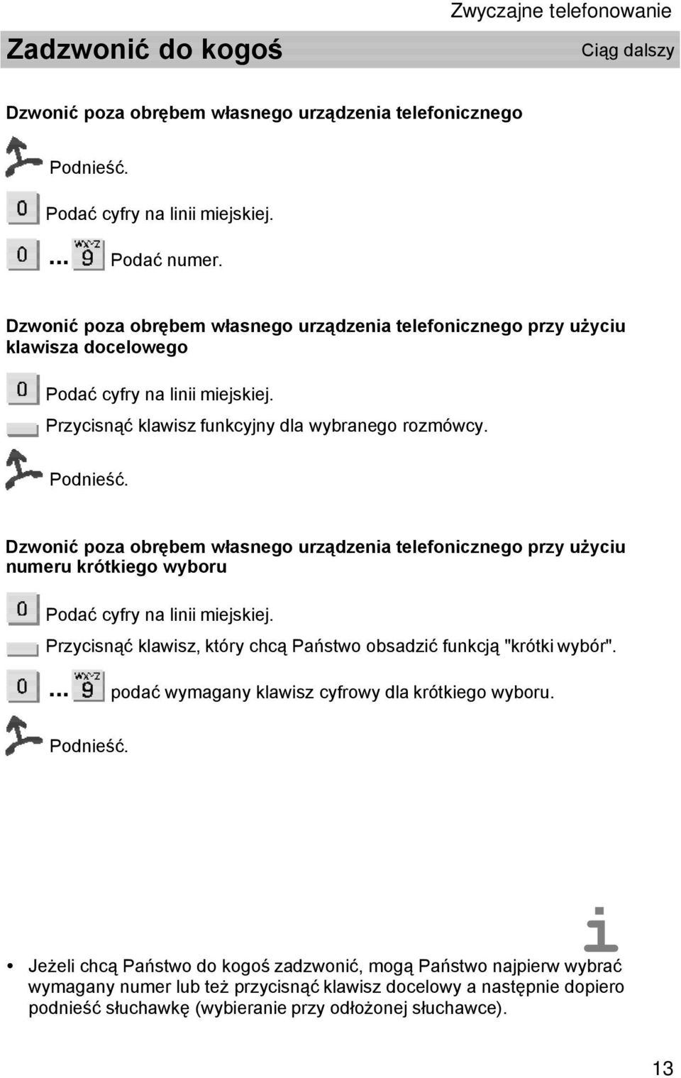 Dzwonić poza obrębem własnego urządzenia telefonicznego przy użyciu numeru krótkiego wyboru Podać cyfry na linii miejskiej. Przycisnąć klawisz, który chcą Państwo obsadzić funkcją "krótki wybór".