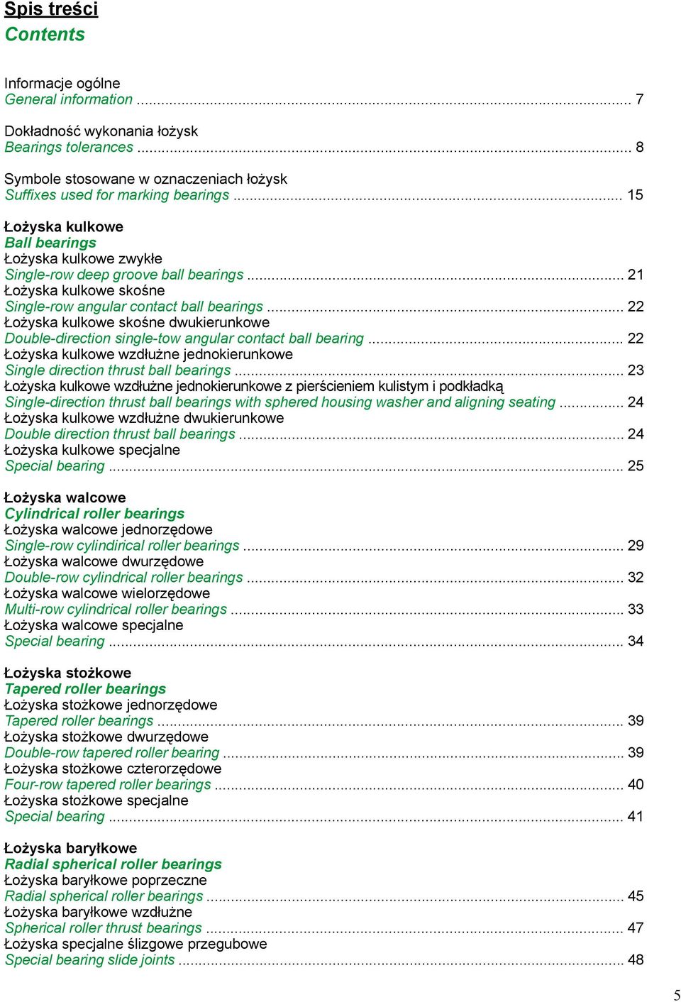 .. 22 Łożyska kulkowe skośne dwukierunkowe Double-direction single-tow angular contact ball bearing... 22 Łożyska kulkowe wzdłużne jednokierunkowe Single direction thrust ball bearings.