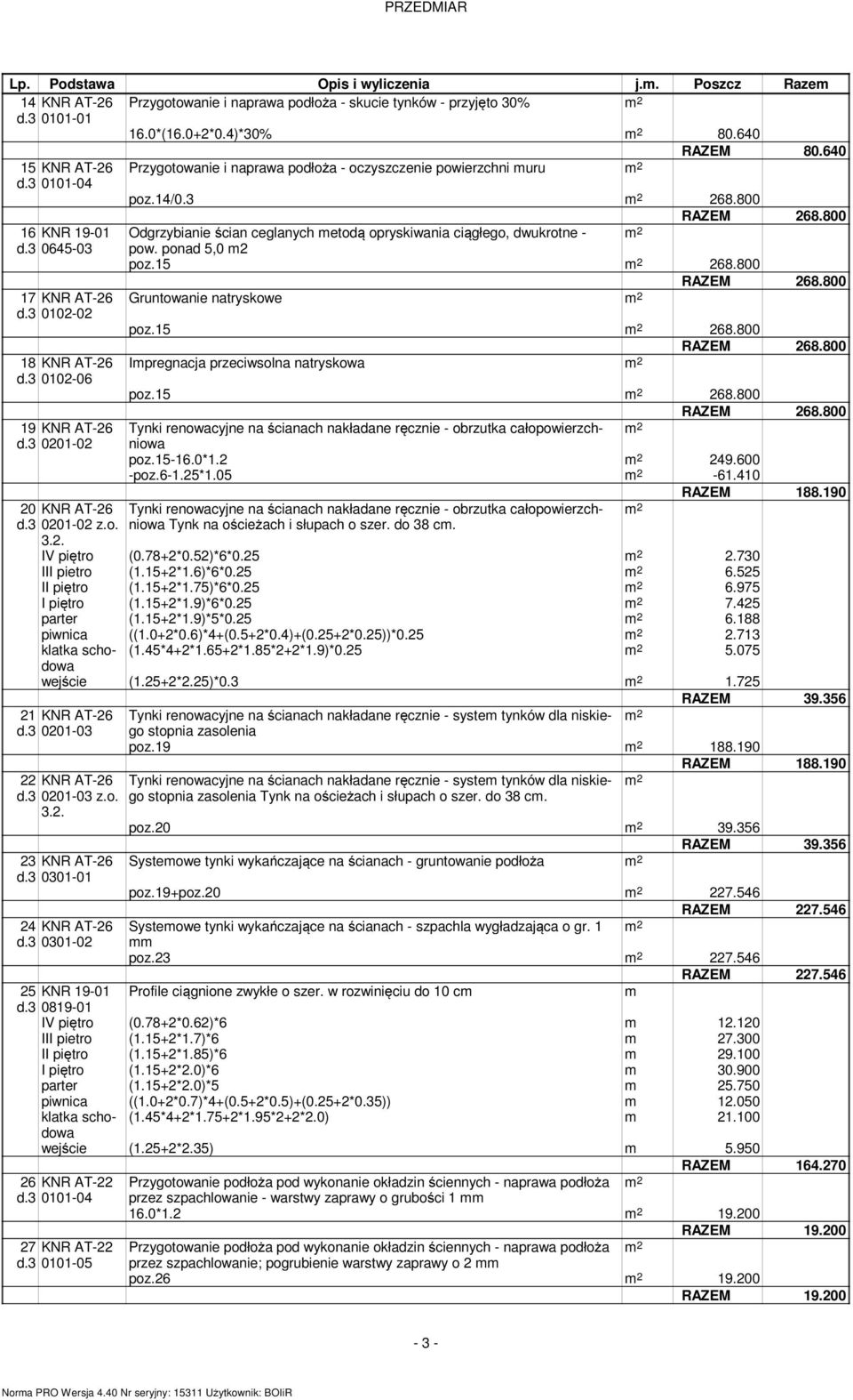 640 poz.14/0.3 2 268.800 Odgrzybianie ścian ceglanych etodą opryskiwania ciągłego, dwukrotne - 2 pow. ponad 5,0 2 poz.15 2 268.800 Gruntowanie natryskowe 2 poz.15 2 268.800 Ipregnacja przeciwsolna natryskowa 2 poz.