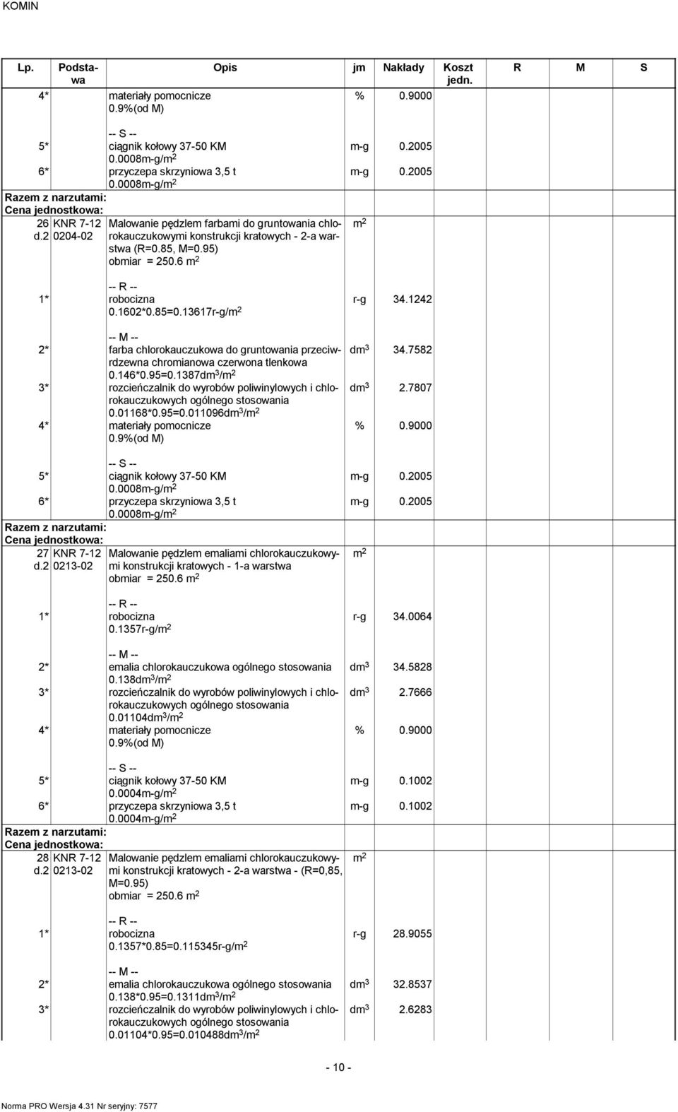 7807 m-g 0.2005 m-g 0.2005 0.0008m-g/ 0.0008m-g/ 27 KNR 7-12 d.2 0213-02 konstrukcji kratowych - 1-a warstwa obmiar = 250.6 0.1357r-g/ r-g 34.0064 dm 3 34.5828 2* emalia chlorokauczukowa 0.