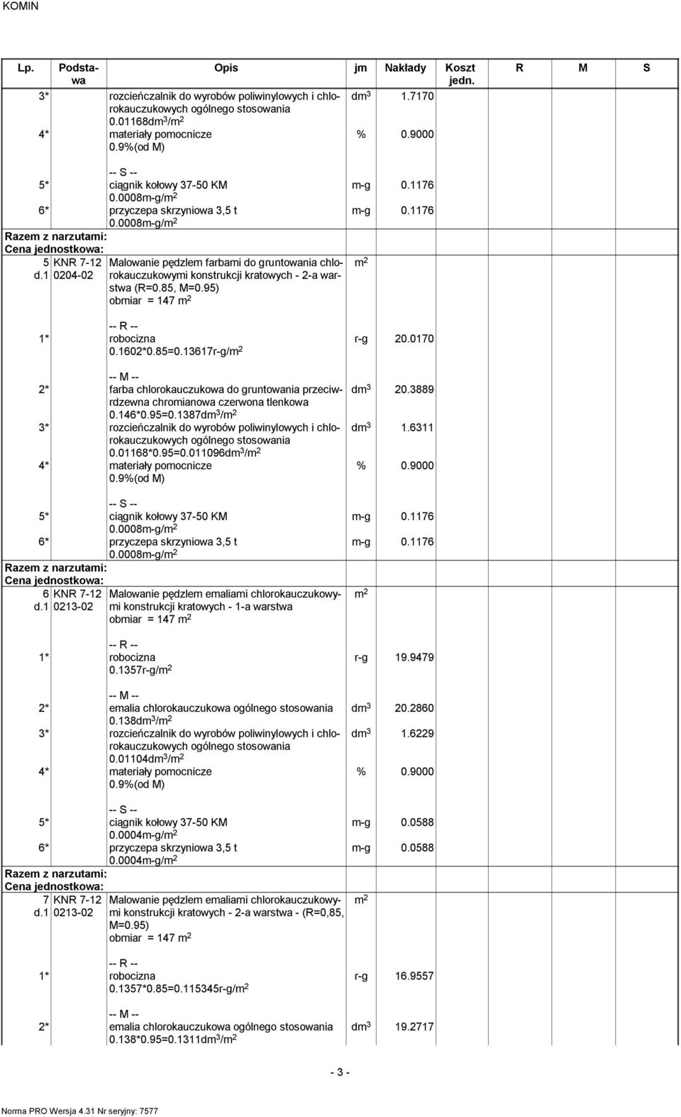 3889 dm 3 1.6311 m-g 0.1176 m-g 0.1176 0.0008m-g/ 0.0008m-g/ 6 KNR 7-12 d.1 0213-02 konstrukcji kratowych - 1-a warstwa obmiar = 147 0.1357r-g/ r-g 19.9479 dm 3 20.2860 2* emalia chlorokauczukowa 0.