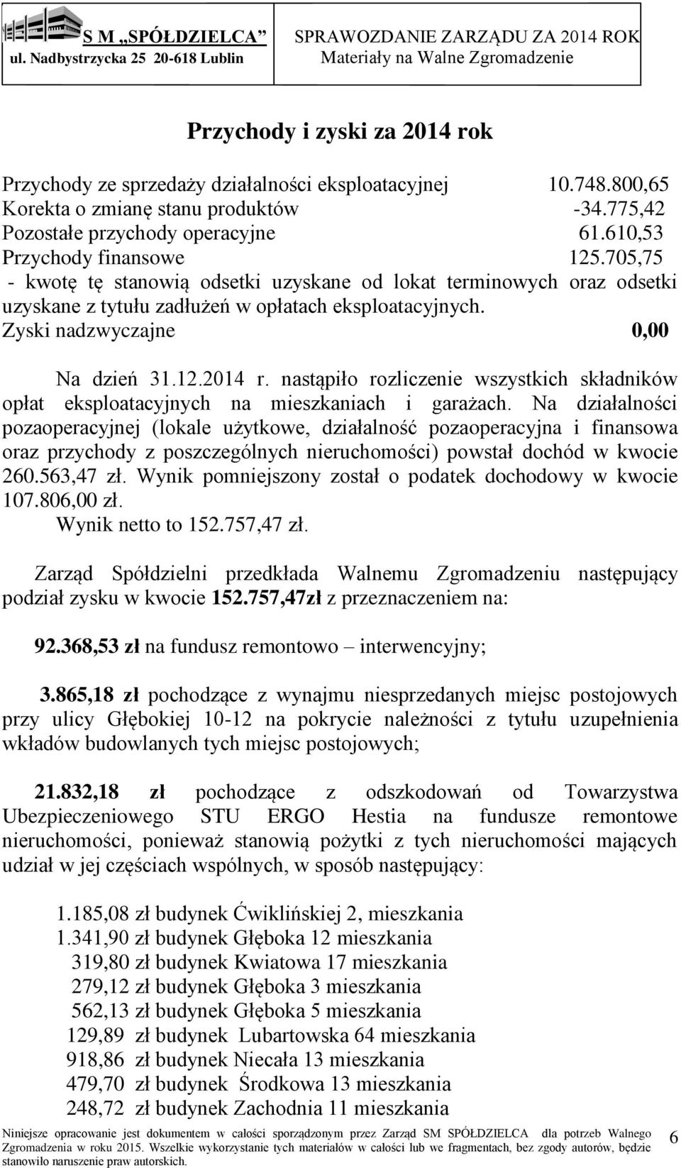 Zyski nadzwyczajne 0,00 Na dzień 31.12.2014 r. nastąpiło rozliczenie wszystkich składników opłat eksploatacyjnych na mieszkaniach i garażach.