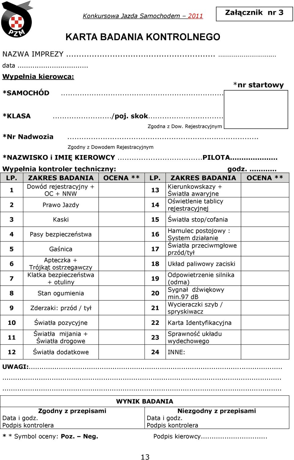 ZAKRES BADANIA OCENA ** Dowód rejestracyjny + Kierunkowskazy + 1 13 OC + NNW Światła awaryjne Oświetlenie tablicy 2 Prawo Jazdy 14 rejestracyjnej 3 Kaski 15 Światła stop/cofania 4 Pasy bezpieczeństwa