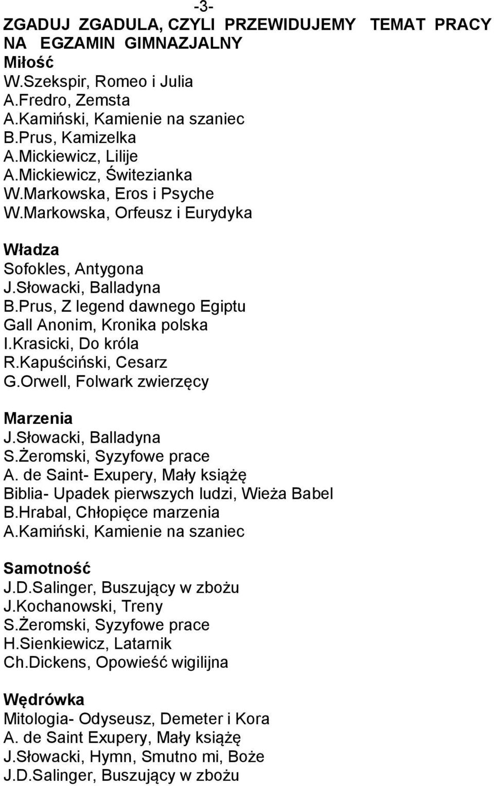 Orwell, Folwark zwierzęcy Marzenia S.Żeromski, Syzyfowe prace A. de Saint- Exupery, Mały książę Biblia- Upadek pierwszych ludzi, Wieża Babel B.Hrabal, Chłopięce marzenia Samotność J.