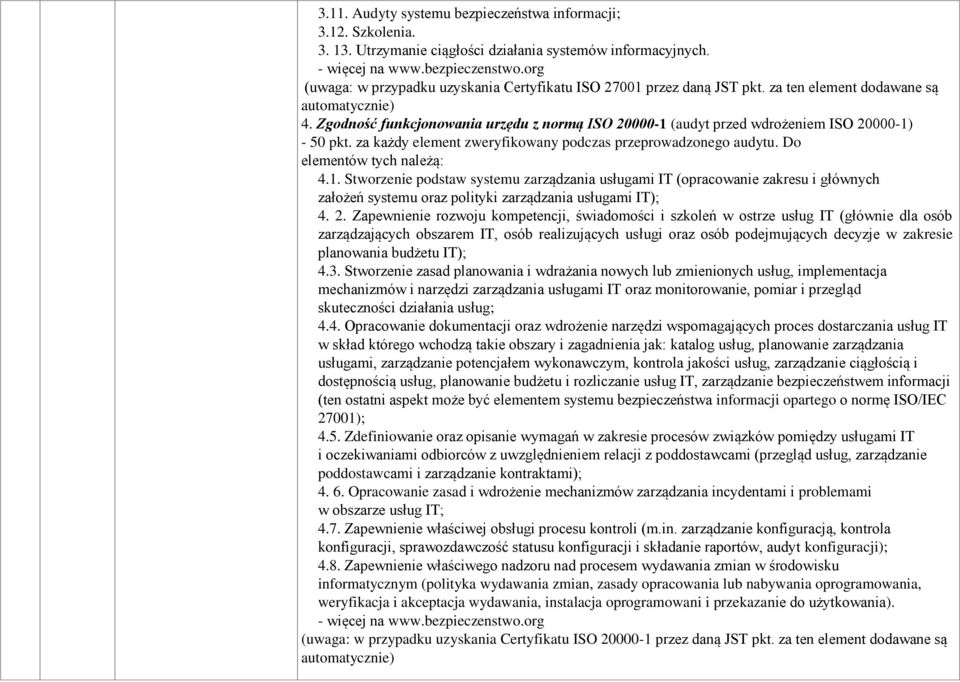 Zgodność funkcjonowania urzędu z normą ISO 20000-1 (audyt przed wdrożeniem ISO 20000-1) - 50 pkt. za każdy element zweryfikowany podczas przeprowadzonego audytu. Do elementów tych należą: 4.1. Stworzenie podstaw systemu zarządzania usługami IT (opracowanie zakresu i głównych założeń systemu oraz polityki zarządzania usługami IT); 4.