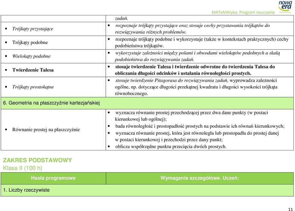 rozpoznaje trójkąty podobne i wykorzystuje (także w kontekstach praktycznych) cechy podobieństwa trójkątów.